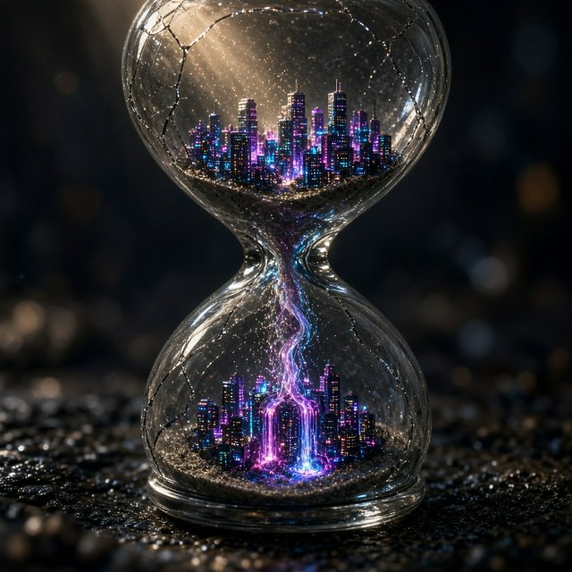 A macro close-up of a miniature glowing cyberpunk city built entirely inside a hollow cracked hourglass, tiny illuminated skyscrapers, flowing neon waterfalls, volumetric light rays piercing through sand, dark moody cinematic lighting, photorealistic depth of field — Grok Imagine Image 2