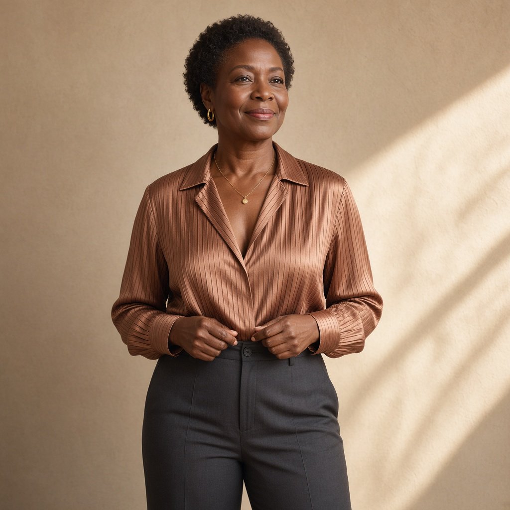 Portrait of an adult Black woman in her 50s wearing a pleated copper satin blouse and tailored charcoal trousers, her hands gently holding the blouse fabric, calm half-smile, warm plaster backdrop, late-afternoon window light grazing her face. — Grok Imagine Image 2