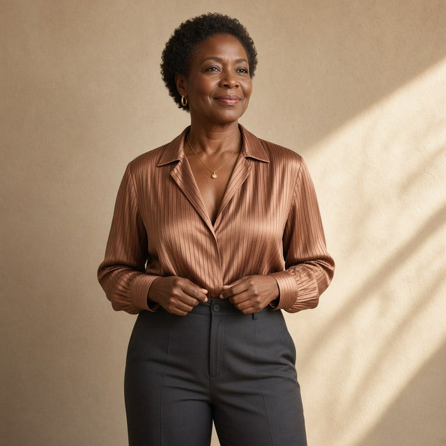 Portrait of an adult Black woman in her 50s wearing a pleated copper satin blouse and tailored charcoal trousers, her hands gently holding the blouse fabric, calm half-smile, warm plaster backdrop, late-afternoon window light grazing her face. — Grok Imagine Image 2