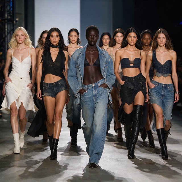 Adult female fashion models on the runway. There are models of all races: white, Black, Asian, Mexican, Indian, mixed race, etc. The vibe is cool and fierce. Many angles. — Seedream 5.0 Pro