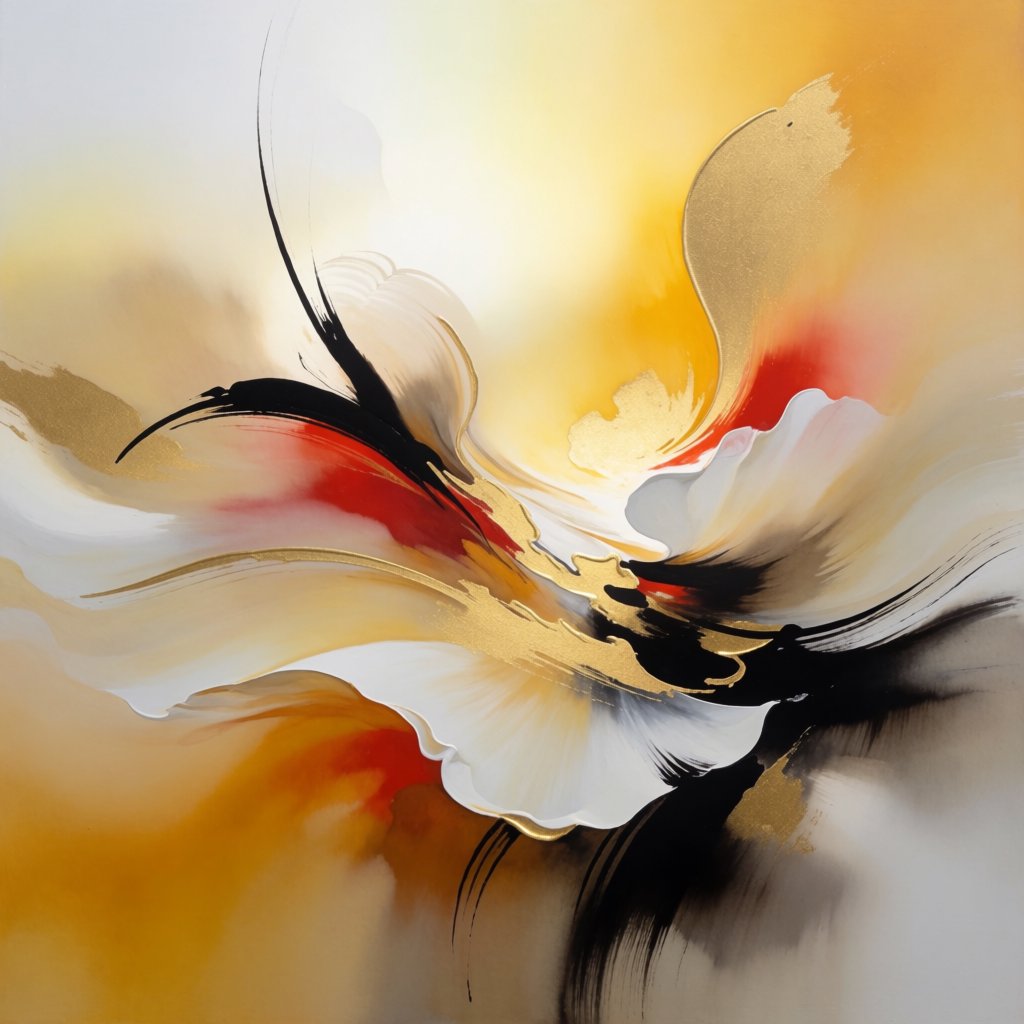 Gently sweeping forms emerge from long, subtle color transitions and soft contours. Bold ink strokes create resilient, confident edges that taper and densify in response to pressure. Raised, polished gold captures directional light in warm, metallic flashes. Luminous, rim-lit gradients blend wet-on-wet into floating patches of color, while a restrained palette of warm ochre, ivory, and deep crimson creates radiant, painterly highlights against a soft, atmospheric background. A flower in the summer wind. — Krea 2 Medium