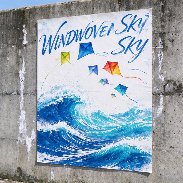On a salt-stained seawall, a printed poster for a kite-making exhibition shows bright diamond kites sweeping above blue waves; “WINDWOVEN SKY” is screen-printed in sweeping cobalt script, with no other legible writing. — Model 19