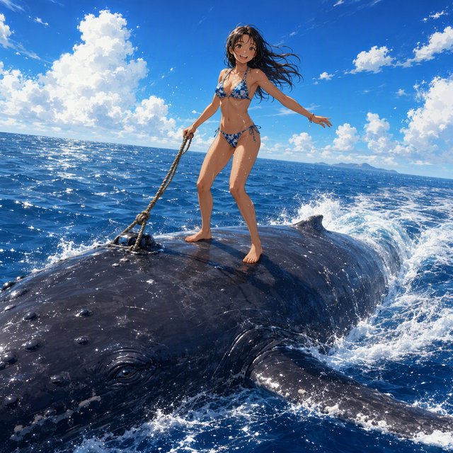 Anime-style illustration of an adult young woman confidently balancing on the broad back of a massive humpback whale as it swims across the open ocean. She wears a stylish two-piece bikini appropriate for a sunny tropical setting, with wet hair and subtle water droplets catching the light. One hand grips a sturdy tether secured near the whale's dorsal area, using it to maintain her balance as the whale moves through the waves, while her other arm extends naturally for stability. The whale is enormous and majestic, its dark blue-gray skin covered in realistic texture, scars, and subtle highlights. Its powerful body breaks partially above the rolling ocean surface, creating a sweeping trail of white foam and spray behind it. The woman looks exhilarated and joyful, her expression conveying adventure and freedom rather than fear. Vast open sea stretches toward the horizon beneath a brilliant blue sky with scattered white clouds. Sunlight sparkles across the water — GPT Image 2