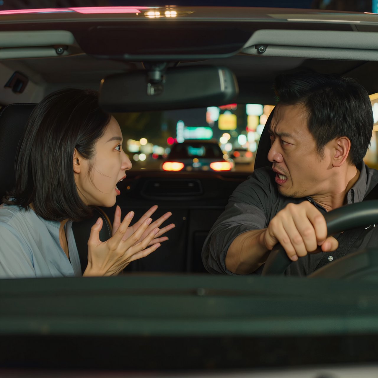 Frontal cinematic shot through the windshield of a car driving at night. A 35-year-old Chinese man is in the driver’s seat, gripping the steering wheel and arguing back in visible frustration. Beside him, a 30-year-old Chinese woman in the front passenger seat is nagging him animatedly, gesturing as she speaks. Both are clearly engaged in a tense argument. Nighttime city lights and passing streetlights glow outside, with reflections across the windshield and realistic interior lighting. — Kling v3
