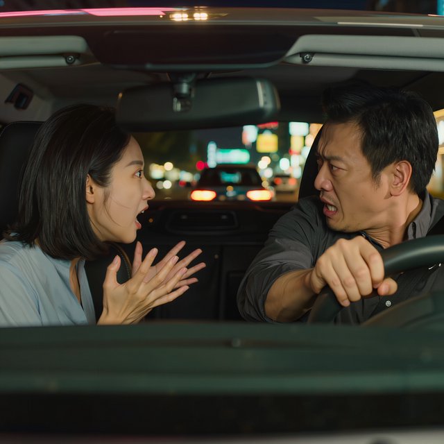 Frontal cinematic shot through the windshield of a car driving at night. A 35-year-old Chinese man is in the driver’s seat, gripping the steering wheel and arguing back in visible frustration. Beside him, a 30-year-old Chinese woman in the front passenger seat is nagging him animatedly, gesturing as she speaks. Both are clearly engaged in a tense argument. Nighttime city lights and passing streetlights glow outside, with reflections across the windshield and realistic interior lighting. — Kling v3