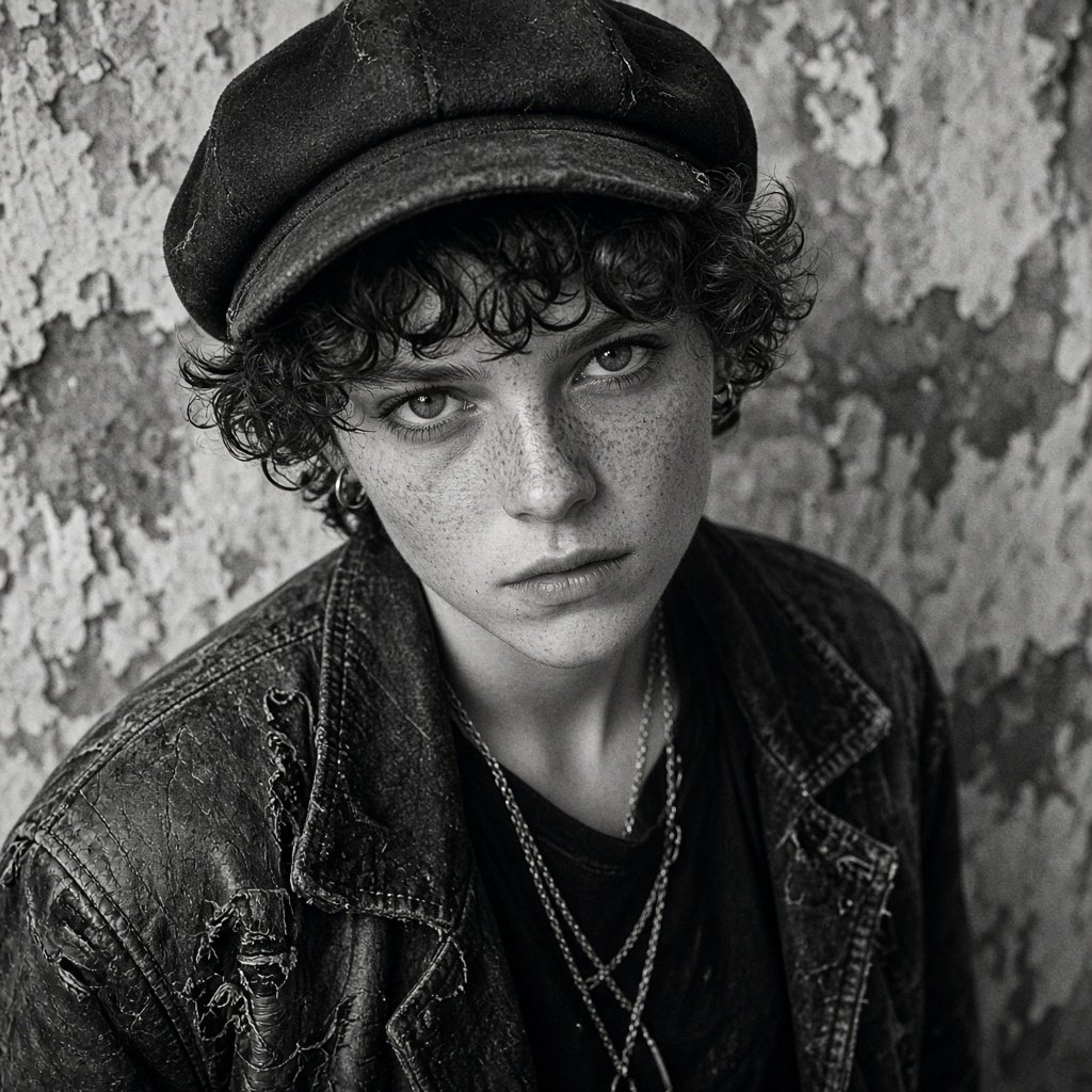 A monochrome, grainy, photorealistic medium close-up shot from a high angle: a young woman with messy, short curls, fair, freckled skin, and an intense, direct gaze into the camera. She is wearing a faded, worn-in black flat cap, a distressed vintage leather jacket over a dark undershirt, several thin silver chains, and a small hoop earring. Soft, diffused side lighting from the left casts gentle shadows across her face. In the background, a weathered wall with peeling plaster. Shallow depth of field, a moody, gritty film aesthetic, and sharp focus on the subject's eyes. — Grok Imagine Image 2