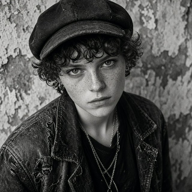 A monochrome, grainy, photorealistic medium close-up shot from a high angle: a young woman with messy, short curls, fair, freckled skin, and an intense, direct gaze into the camera. She is wearing a faded, worn-in black flat cap, a distressed vintage leather jacket over a dark undershirt, several thin silver chains, and a small hoop earring. Soft, diffused side lighting from the left casts gentle shadows across her face. In the background, a weathered wall with peeling plaster. Shallow depth of field, a moody, gritty film aesthetic, and sharp focus on the subject's eyes. — Grok Imagine Image 2