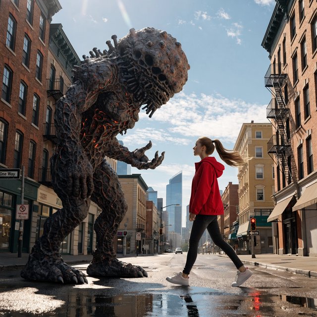 Alien monster walking down the street, greeting a beautiful woman walking toward him down the street on a lovely sunny day! — Recraft v4 Pro