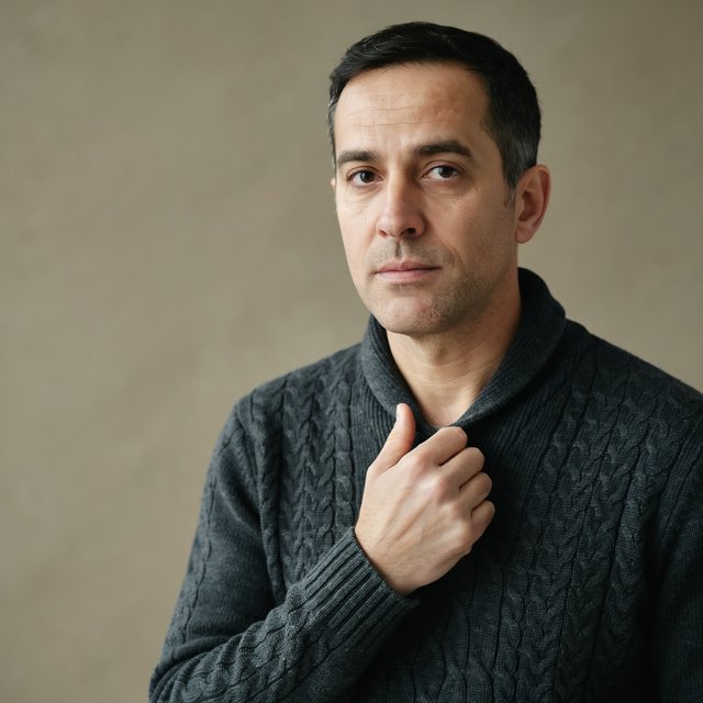Editorial portrait of an adult man in his early 40s wearing a charcoal wool fisherman’s sweater, one hand loosely holding its ribbed cuff. His thoughtful, slightly tired expression rests against a muted ochre studio backdrop, shaped by gentle directional window light. — Ideogram v4