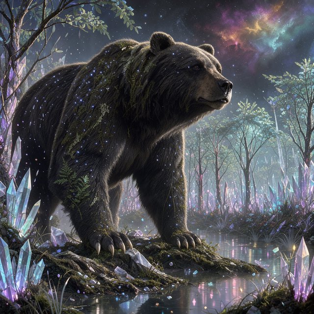 A colossal ancient bear, its fur woven with moss and starlight, stands at the edge of a shimmering, otherworldly forest. The trees are made of crystal and emit a soft, ethereal glow. In the distance, a nebula swirls in the twilight sky. The scene is rendered in a fantasy art style, with surrealist elements and cinematic lighting that emphasizes the majestic scale of nature. — FLUX 3 Image Klein