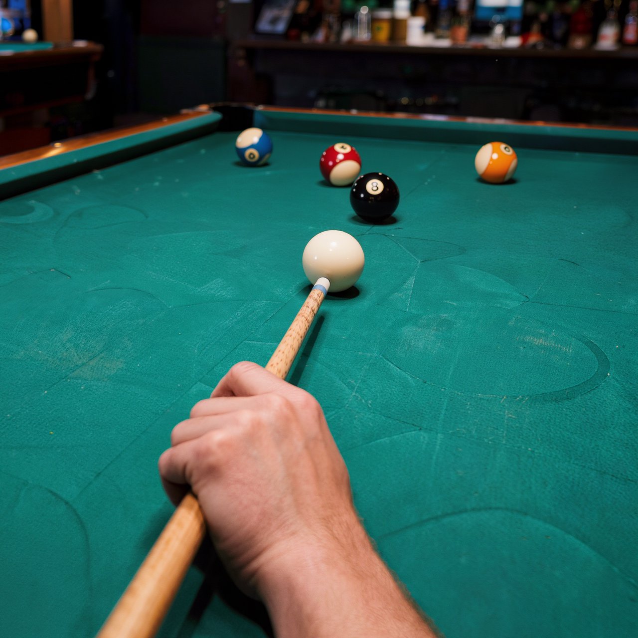 First-person perspective of an adult pool player’s left hand holding the cue, aiming the white cue ball at the black 8-ball and intending to pocket it in the center pocket. — Kling v3