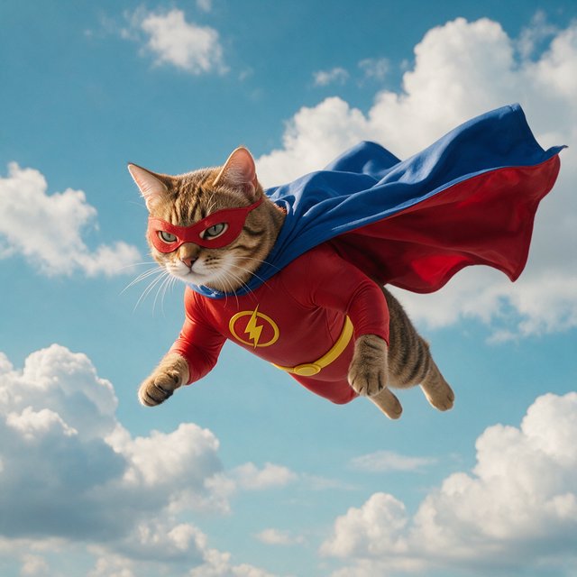 A cat flying in the sky wearing a super kitty costume. — Seedream 5.0 Pro