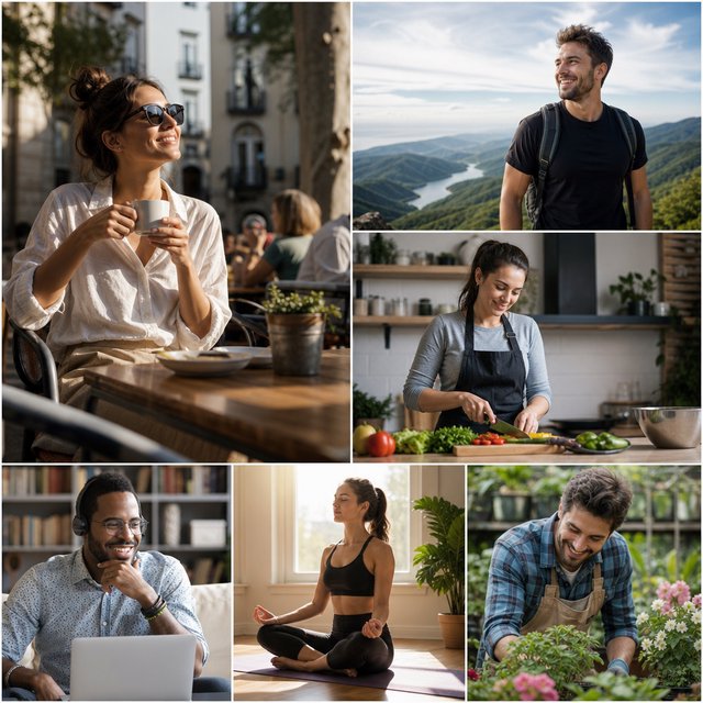 A realistic multi-panel composition with 4–7 panels, each depicting an adult enjoying a wonderful day in a distinct everyday setting. — GPT Image 2