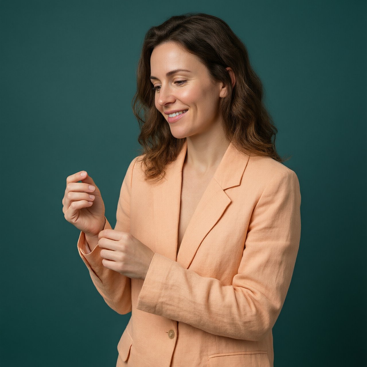 Portrait photograph of an adult woman in her early 30s wearing a pale apricot linen blazer, her hands gently smoothing its cuff. She looks quietly delighted against a deep teal paper backdrop, illuminated by soft, angled studio light. — Qwen Image 3.0