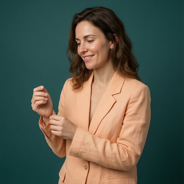 Portrait photograph of an adult woman in her early 30s wearing a pale apricot linen blazer, her hands gently smoothing its cuff. She looks quietly delighted against a deep teal paper backdrop, illuminated by soft, angled studio light. — Qwen Image 3.0