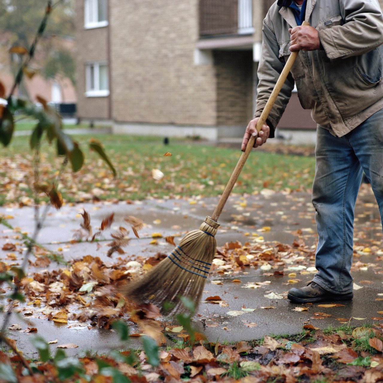 Candid documentary photograph of an adult groundskeeper sweeping damp leaves from an apartment courtyard, pale overcast morning light, 35mm lens with moderate depth of field, a few leaves caught midair in motion blur. — ImagineArt 2