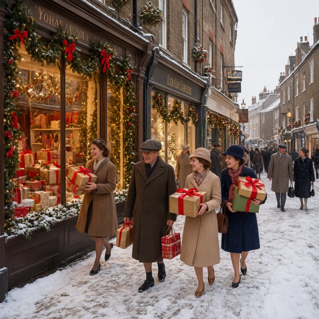 A UK High Street in the 1950s at Christmas time. The roads are covered in snow. The shop windows are decked out for Christmas and the happy adult shoppers are loaded up with gifts for loved ones. The mood is bright and Christmassy. — Model 17