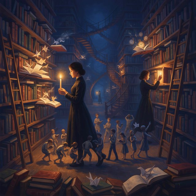 In an infinite library where floating staircases defy gravity, a young woman carries a candle through endless shelves. Her shadow has quietly detached itself from her feet and now wanders independently among the towering bookcases, secretly opening glowing books filled with forgotten memories. Each open page reveals miniature worlds: flying origami birds, drifting clocks, and tiny ghostly figures. The woman's candlelight creates impossible reflections, revealing dozens of alternative shadows with distinct personalities. Dreamlike surrealism, warm golden candlelight set against deep blue darkness, intricate details, magical realism, painterly. — Ideogram v4