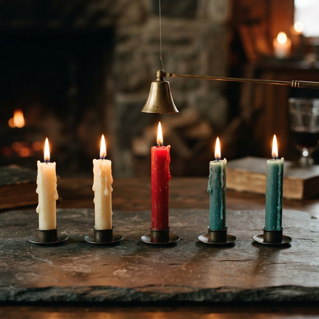 Exactly five candles stand on a dark slate tabletop: two ivory candles on the left, one red candle in the center, and two teal candles on the right. A brass snuffer sits above the red candle, nothing else. — Nano Banana 2 Lite