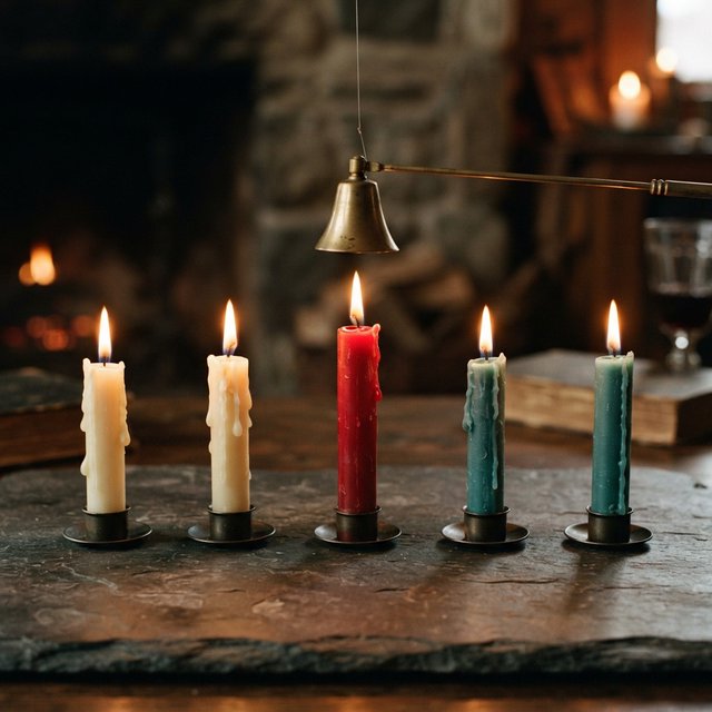 Exactly five candles stand on a dark slate tabletop: two ivory candles on the left, one red candle in the center, and two teal candles on the right. A brass snuffer sits above the red candle, nothing else. — Nano Banana 2 Lite