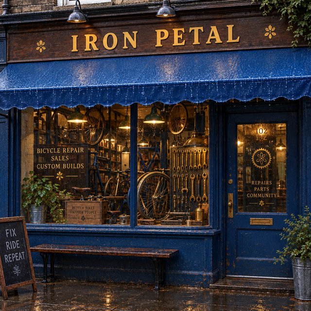 Rain beads on a bicycle repair shop’s blue awning, with wheels and brass tools visible behind the glass; “IRON PETAL” is lettered in warm yellow enamel capitals across the wooden fascia. — GPT Image 2.5 Flare
