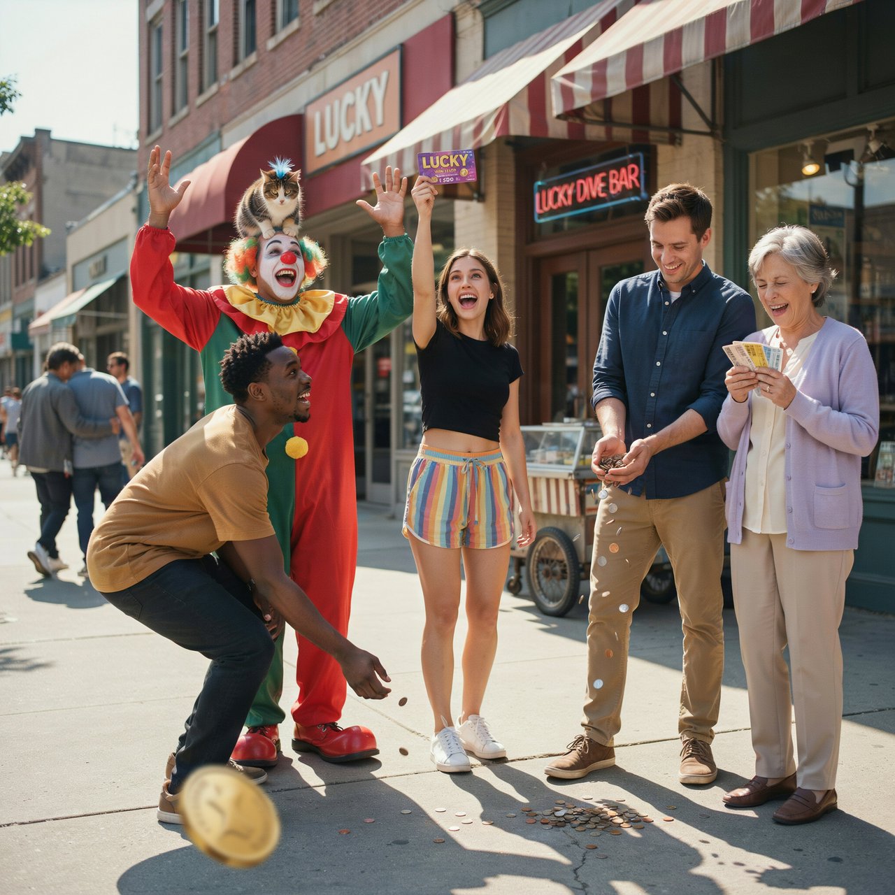 Realistic. Four to five adults having a very lucky day. One of the people is a clown with a very strange cat on their head. Another is wearing a black crop top and multicolored shorts. The word “Lucky” is seen at least twice in the background. — Ideogram v4