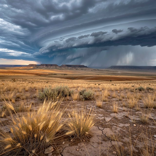 Across a tawny prairie basin, a rotating thunderstorm gathers in the late afternoon beneath bruised clouds, rain veiling distant buttes; seed heads and cracked earth in the foreground contrast with ridges softened by the advancing downpour. — FLUX 3 Image