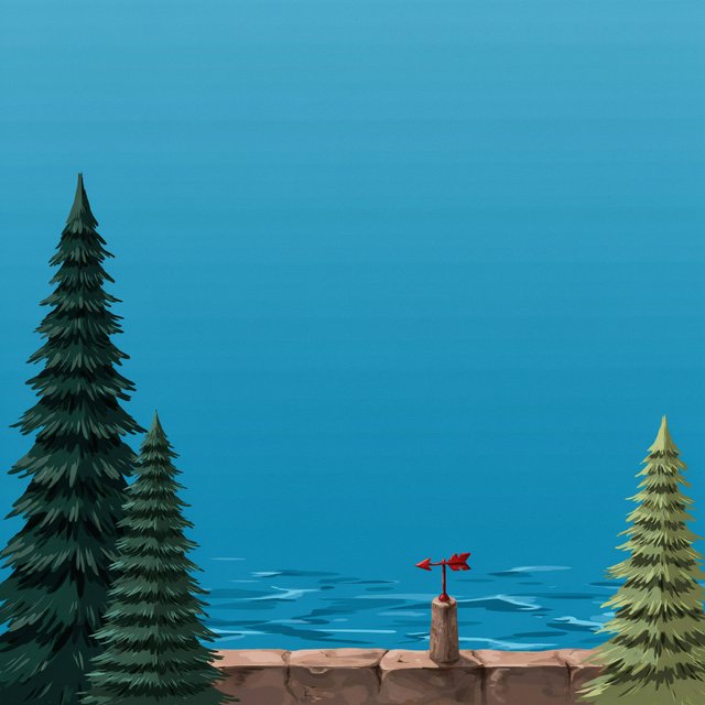 At a coastal overlook, a small red weather vane stands on a stone post. Exactly two dark-green pine trees line the left edge and one pale-green pine tree stands at the right edge; a blue sea fills the background, nothing else. — Model 7