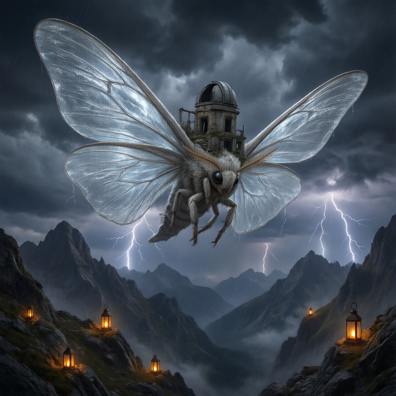 A colossal moon-moth creature glides above a stormy mountain range, its translucent wings glowing with silver veins and carrying a ruined observatory on its back. Lightning silhouettes distant peaks while amber lanterns shimmer through rain and cloud. — Qwen Image 3.0