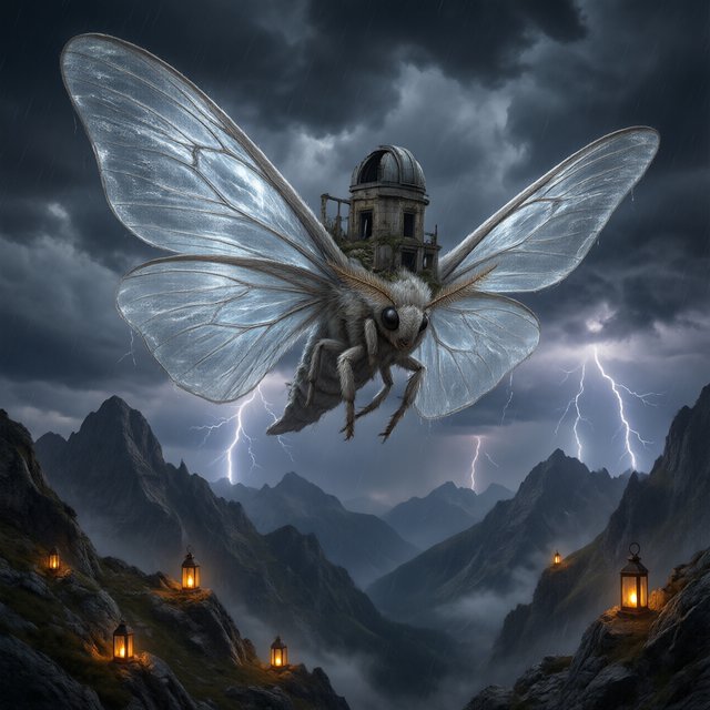 A colossal moon-moth creature glides above a stormy mountain range, its translucent wings glowing with silver veins and carrying a ruined observatory on its back. Lightning silhouettes distant peaks while amber lanterns shimmer through rain and cloud. — Qwen Image 3.0