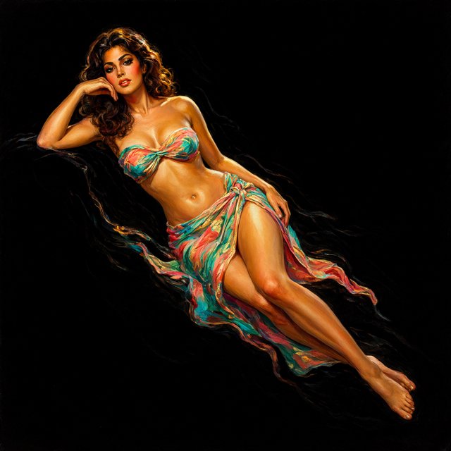 Black velvet painting: A luminous adult odalisque lounging languidly while wearing a muslin hip wrap, seemingly floating through liquid light. The background is an almost pure, light-absorbing black velvet, allowing the darkest areas to disappear completely. The figure emerges dramatically from the darkness in highly saturated tropical colors—warm skin tones, coral, turquoise, emerald, gold, and deep red. Glowing highlights define her form, with simplified shapes and soft, airbrushed-looking transitions. Rich tropical color, dramatic chiaroscuro, softly disappearing edges, and a polished romantic mid-century Polynesian atmosphere. Hard outlines are avoided. — Qwen Image 3.0 Pro