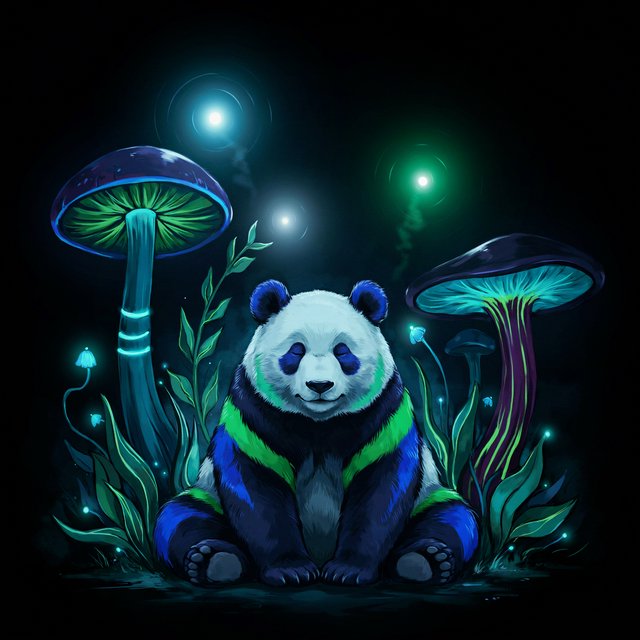 A bioluminescent panda bear, its fur patterns glowing with neon blues and vibrant greens, sits peacefully amidst a grove of luminous, alien flora. Giant, pulsing mushrooms and floating orbs of light create an otherworldly ambiance. The background fades into an inky blackness, making the glowing elements pop. Style: Sci-fi fantasy illustration with sharp, defined lines and glowing contrasts, drawing inspiration from futuristic concept art. — Ideogram v4.5