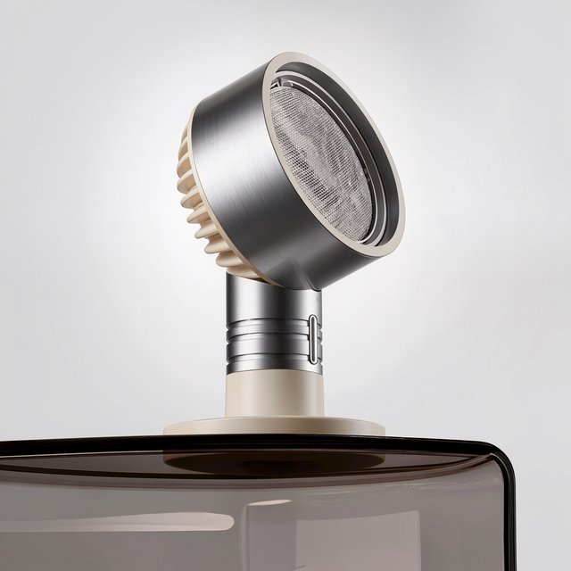 Commercial product photograph of an unbranded desktop fan made from brushed aluminum and matte ivory polymer, resting on a smoked glass surface against a pale gray background, illuminated by broad diffused studio light and a soft rear rim light. — Kling v3
