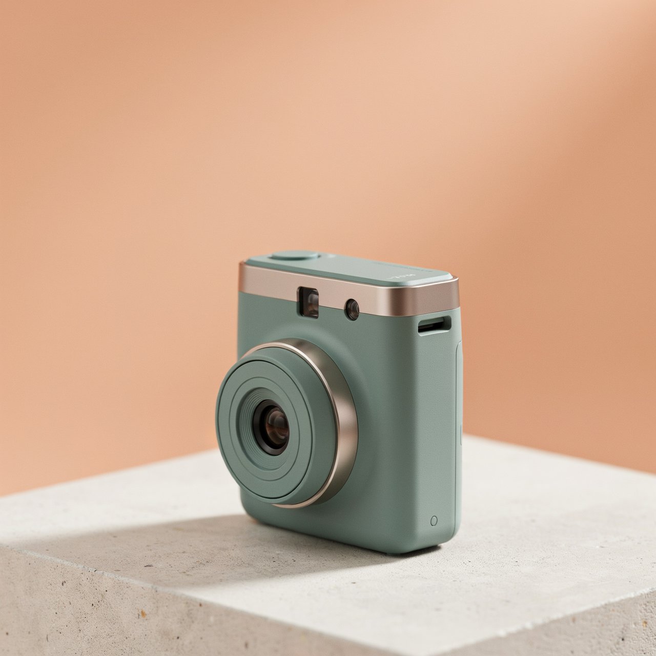 Commercial product photograph of an unbranded compact instant camera in matte forest-green polymer with brushed steel details, resting on a pale concrete surface against a warm peach background, illuminated by broad diffused studio light and a soft rim light. — Ideogram v4