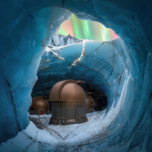 An abandoned observatory carved into a glacier, its bronze domes protruding from blue ice, aurora light filtering through crevasses, tiny adult explorers on a distant ridge emphasizing immense scale, drifting snow and deep polar shadows. — Kling v3