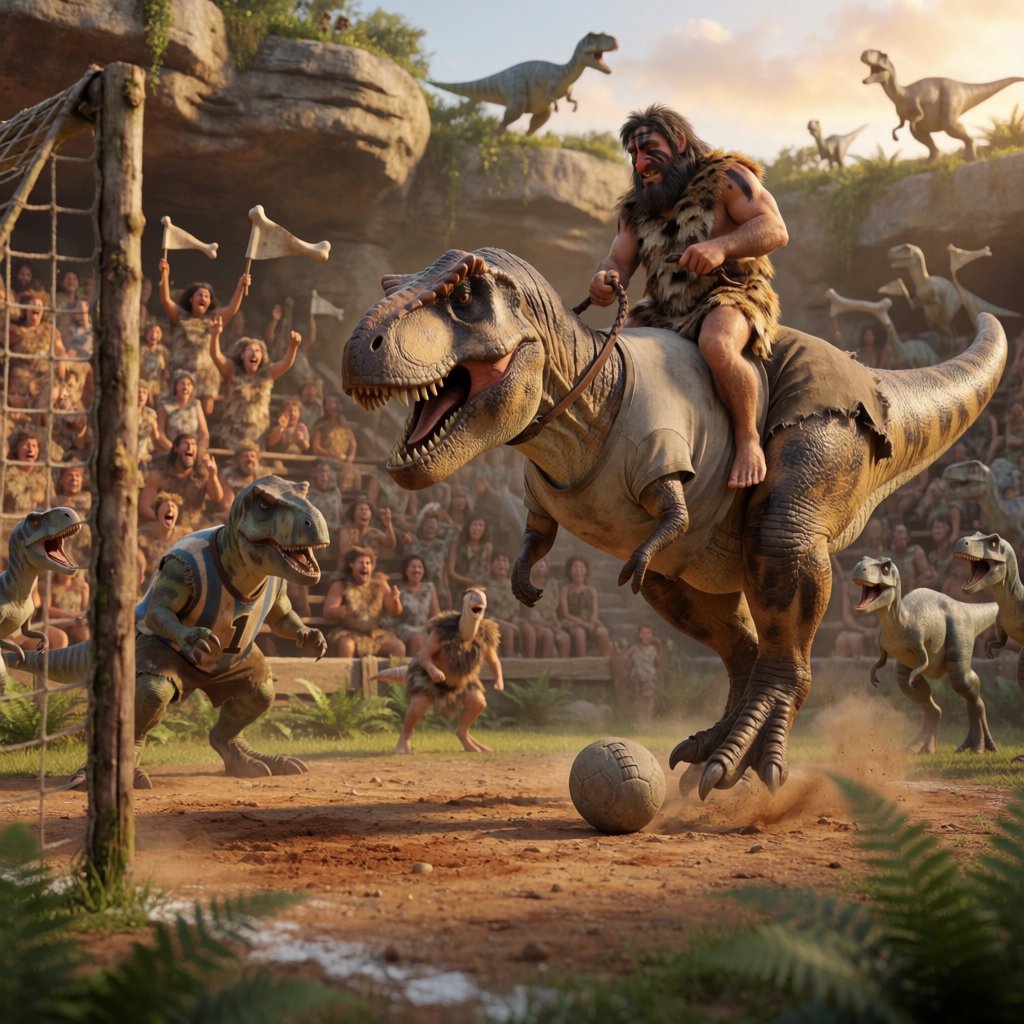 Wide shot of a golden-hour prehistoric football match, photorealistic, cinematic. A weathered, muscular adult caveman with ochre face paint sits upright on a plump medium T-Rex's back, gripping a braided leather leash. The mounted T-Rex strains mid-kick, wearing a tiny faded grey cotton T-shirt riding up over its scaled shoulders and frayed athletic shorts bunched at its hips, one massive clawed foot cocked back behind a pockmarked 3ft stone football. A weathered timber goalpost stands 20 yards ahead; the opposing T-Rex goalie hunches ready in a sleeveless striped jersey #1 and grass-stained shorts, claws dug into dusty red earth. Sunlit bleachers line the natural rock arena: cheering adult cave families wave bone flags, assorted small dinosaurs bounce and roar along the sidelines, warm late-afternoon light gilds fern fronds and dinosaur scales, soft long shadows stretch across the playing field, playful triumphant atmosphere, sharp focus on the kicking T-Rex, shallow depth of field on spectators. — Krea 2 Medium