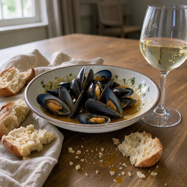 Beside a rumpled linen napkin, an in-progress supper shows a shallow bowl of mussels, torn bread, and a half-full glass on a wooden table. A natural-light dining snapshot, shot at 50mm with shallow depth of field, catches crumbs and glossy broth. — FLUX 3 Image Klein