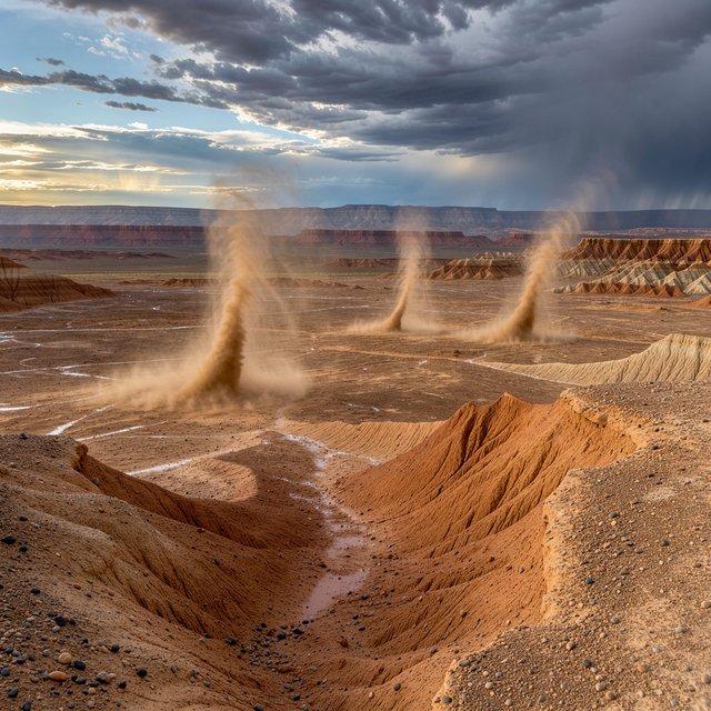 Wind-driven dust devils spiral across ochre badlands beneath a storm-clearing late-afternoon sky; pebble-studded clay ridges and tiny erosion grooves sharpen nearby, while layered mesas recede through veils of rain. — FLUX 3 Image