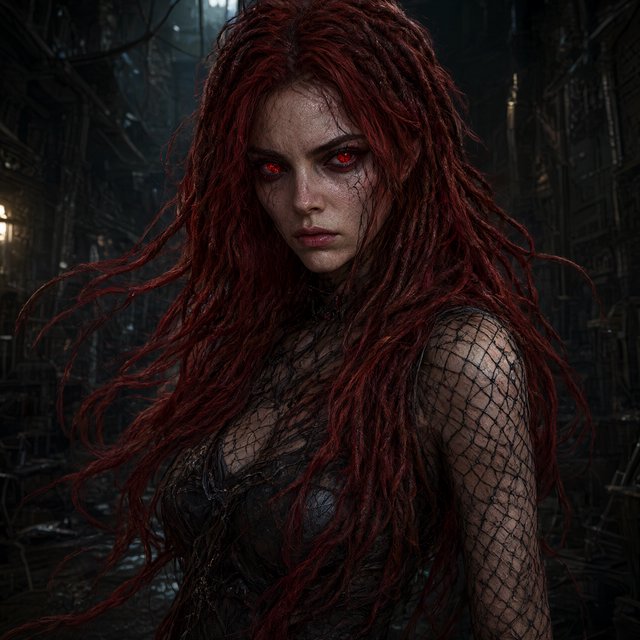 Fishnet grimdark fantasy. A suitable-for-TV-PG adult underworld agent with long crimson-red dreadlocked hair with flowing locks, ruby-red crystalline eyes, real skin pores, photographic rendering, and real material textures. No text. — Qwen Image 3.0 Pro