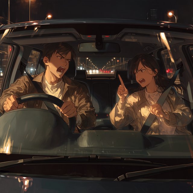 Frontal cinematic shot through the windshield of a car driving at night. A 35-year-old Chinese man is in the driver’s seat, gripping the steering wheel and arguing back in visible frustration. Beside him, a 30-year-old Chinese woman in the front passenger seat is nagging him animatedly, gesturing as she speaks. Both are clearly engaged in a tense argument. Nighttime city lights and passing streetlights glow outside, with reflections across the windshield and realistic interior lighting. — Midjourney Niji 7