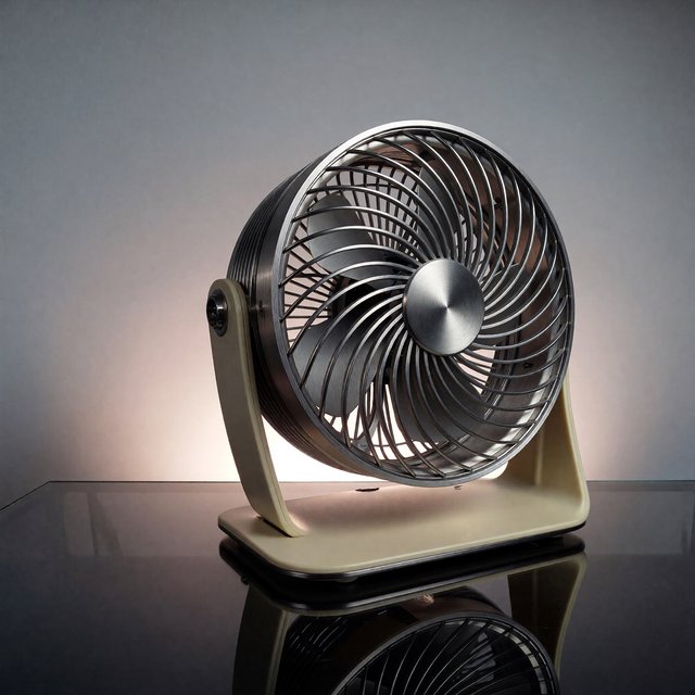 Commercial product photograph of an unbranded desktop fan made from brushed aluminum and matte ivory polymer, resting on a smoked glass surface against a pale gray background, illuminated by broad diffused studio light and a soft rear rim light. — ImagineArt 1.5 Pro