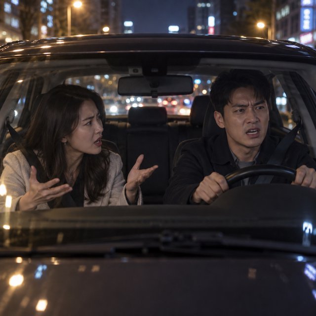 Frontal cinematic shot through the windshield of a car driving at night. A 35-year-old Chinese man is in the driver’s seat, gripping the steering wheel and arguing back in visible frustration. Beside him, a 30-year-old Chinese woman in the front passenger seat is nagging him animatedly, gesturing as she speaks. Both are clearly engaged in a tense argument. Nighttime city lights and passing streetlights glow outside, with reflections across the windshield and realistic interior lighting. — GPT Image 2.5 Sunburst