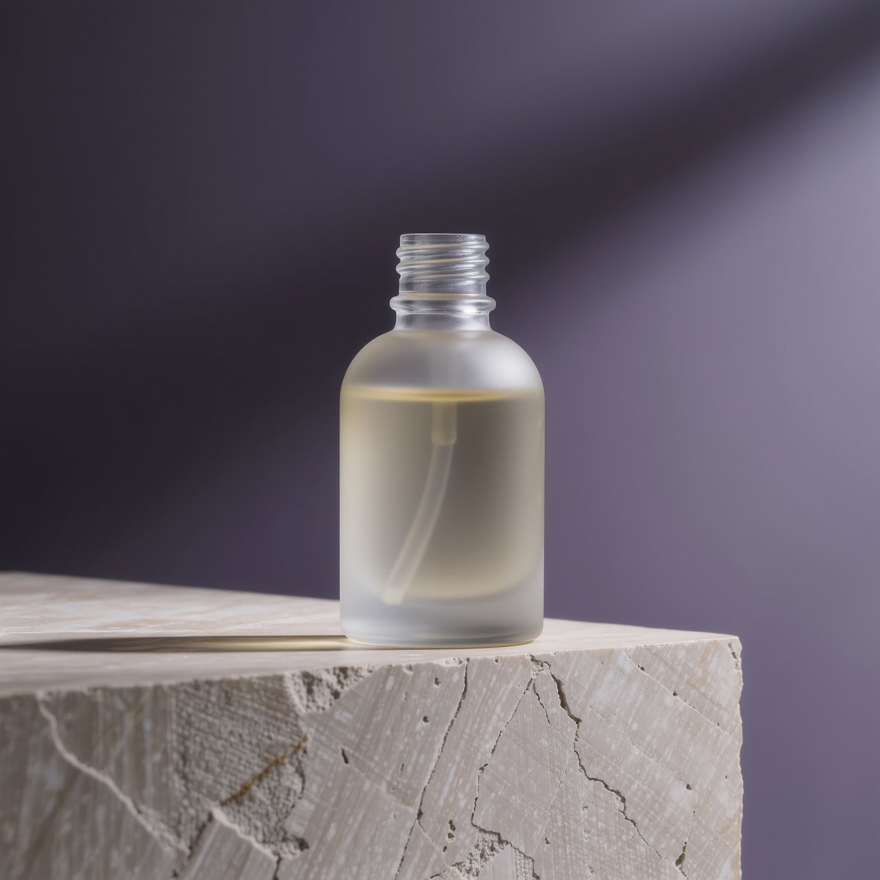 Under a broad diffused key and cool edge light, an unbranded frosted-glass serum bottle displays clear golden oil against a muted plum background, resting on honed pale travertine with its blank surface free of lettering. — Kling v3 Omni