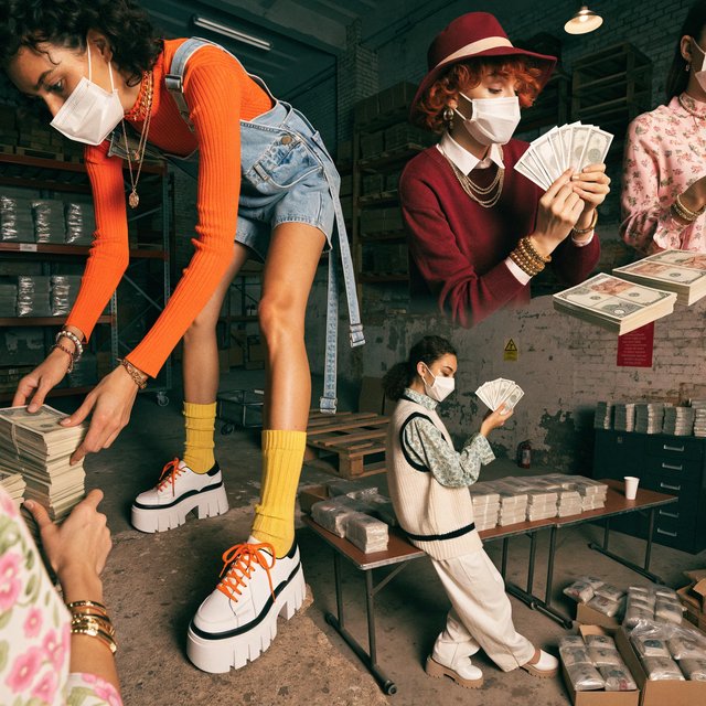 Adult women wearing masks (the kind you wear when you have a cold), in a warehouse, all wearing the kinds of outfits you would see models wear on a runway, counting lots of money (money is seen everywhere, on tables, on the floor, etc.). At least 4 different POVs. — Recraft v4 Pro