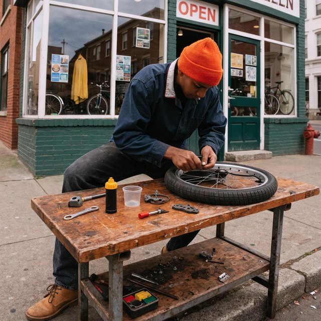 Candid documentary photograph of an adult bicycle mechanic repairing a flat tire outside a neighborhood workshop, soft overcast daylight, 35mm lens with moderate depth of field, greasy fingerprints, dust, and tiny metal shavings visible on the workbench. — Recraft v4 Pro