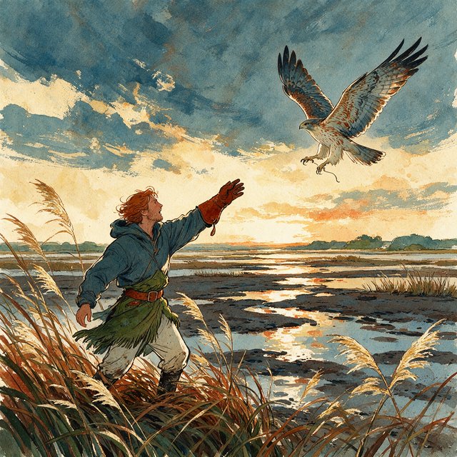 Ink-and-gouache illustration of an adult falconer releasing a hawk above a salt marsh, reeds bending in the wind and tidal pools catching sunset. Palette of rust, moss green, pale gold, and slate blue, with lively brushwork. — Seedream 5.0 Pro