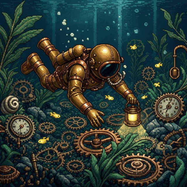 A brass-suited adult diver explores a submerged clockwork garden, where kelp curls around sunken gears and tiny fish glow in the dark; pixel art illustration, palette of teal, copper, midnight blue, and lemon yellow. — FLUX 3 Image Klein