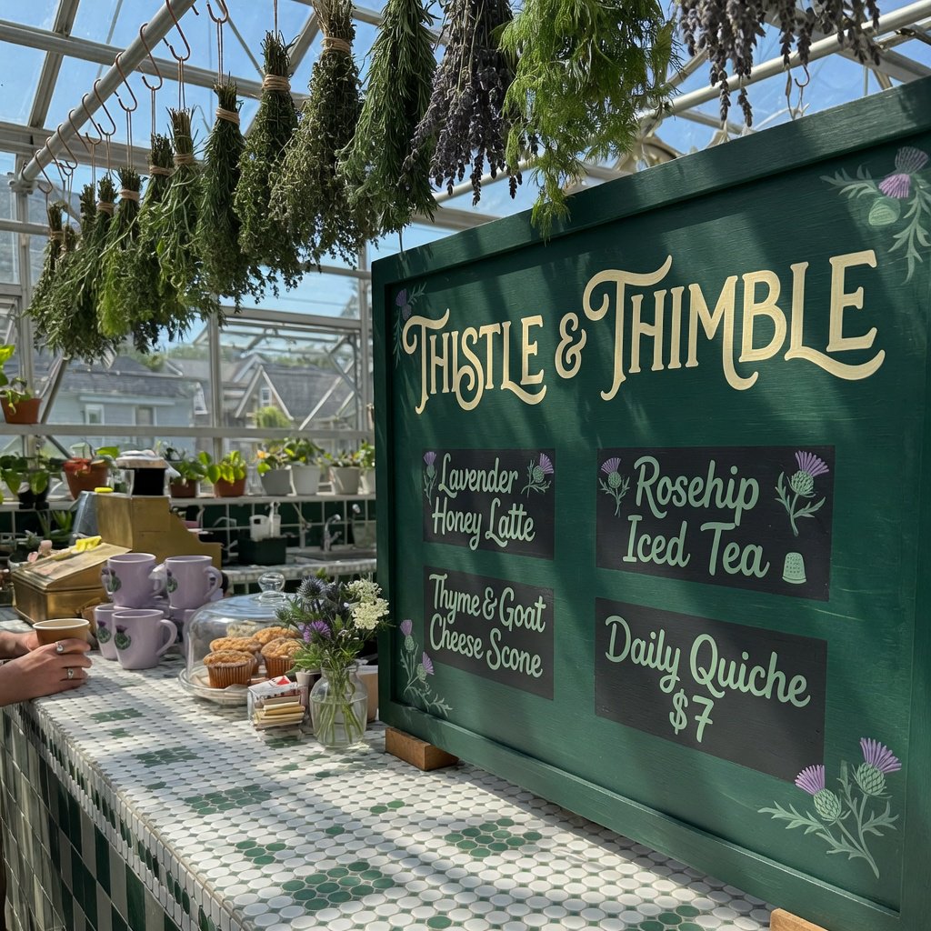 At a neighborhood greenhouse café, sunlight filters through hanging herbs above a tiled counter; "THISTLE & THIMBLE" is painted in hand-lettered cream script across a deep green wooden menu board. — Grok Imagine Image Quality
