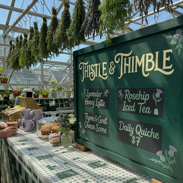 At a neighborhood greenhouse café, sunlight filters through hanging herbs above a tiled counter; "THISTLE & THIMBLE" is painted in hand-lettered cream script across a deep green wooden menu board. — Grok Imagine Image Quality