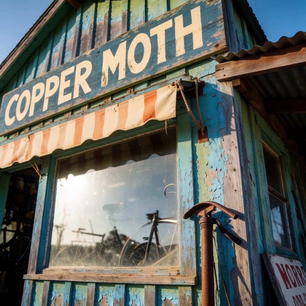 An old roadside bicycle workshop beneath a faded striped awning, rusted tools displayed in the window, with "COPPER MOTH" painted in cream block letters across the weathered wooden fascia, afternoon sunlight catching peeling turquoise paint. — Krea 2 Medium